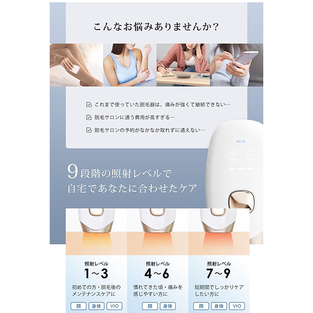 IPL光美容器 脱毛器 冷却機能搭載 家庭用 全身対応 メンズ・レディース EPIFLASH ホワイト FN-IPE010-W