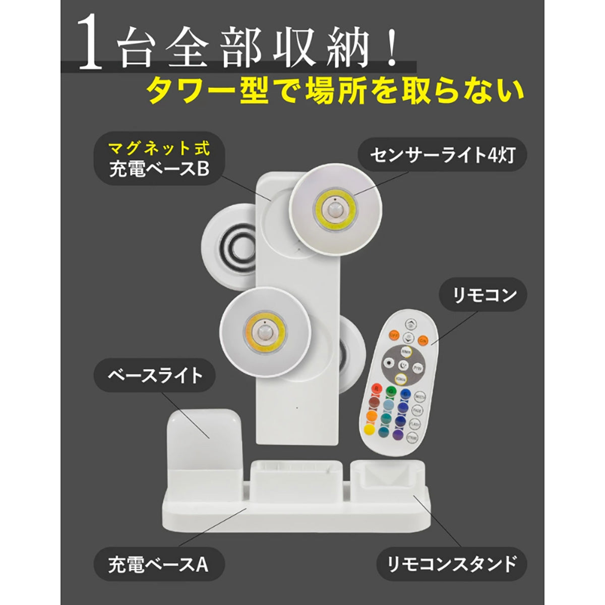 センサーライト 人感センサー マグネット 充電式 4灯 明暗センサー 調光調色 12色 自動点灯 足元灯 フットライト ナイトライト 常夜灯 懐中電灯 リモコン付き 遠隔操作  地震対策 明るい おしゃれ 防犯 防災グッズ
