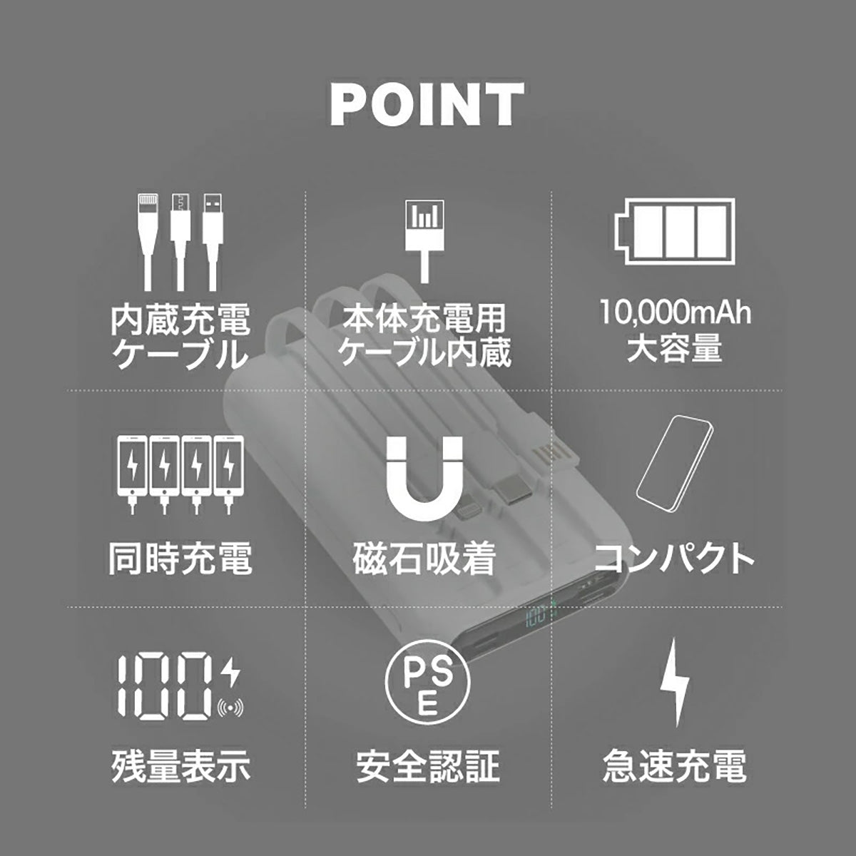 バッテリー ホワイト モバイルバッテリー 10000mAh 大容量 軽量 小型 マグネット付き 急速充電 ワイヤレス対応 Type-C USB出力 残量表示 PSE認証 スマホ充電器