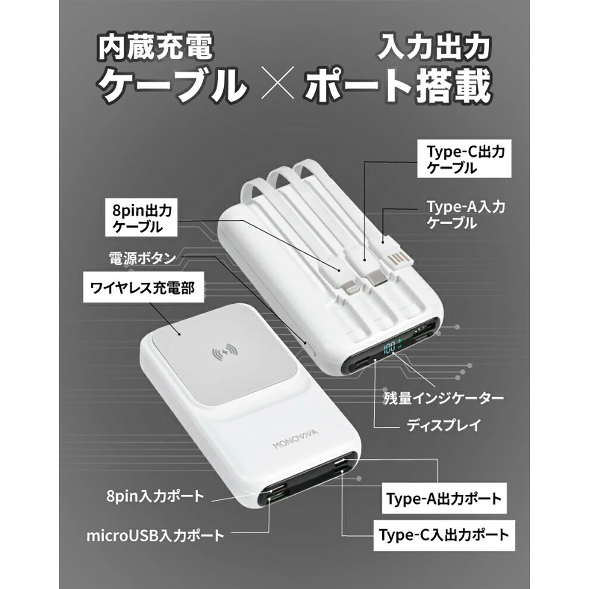 バッテリー ホワイト モバイルバッテリー 10000mAh 大容量 軽量 小型 マグネット付き 急速充電 ワイヤレス対応 Type-C USB出力 残量表示 PSE認証 スマホ充電器