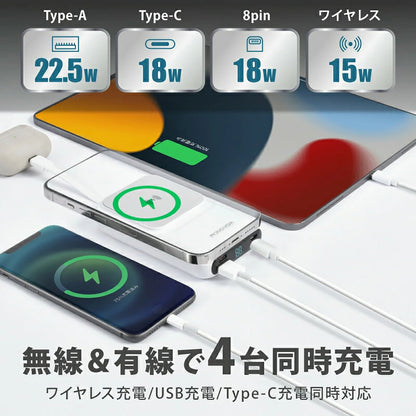 バッテリー ホワイト モバイルバッテリー 10000mAh 大容量 軽量 小型 マグネット付き 急速充電 ワイヤレス対応 Type-C USB出力 残量表示 PSE認証 スマホ充電器
