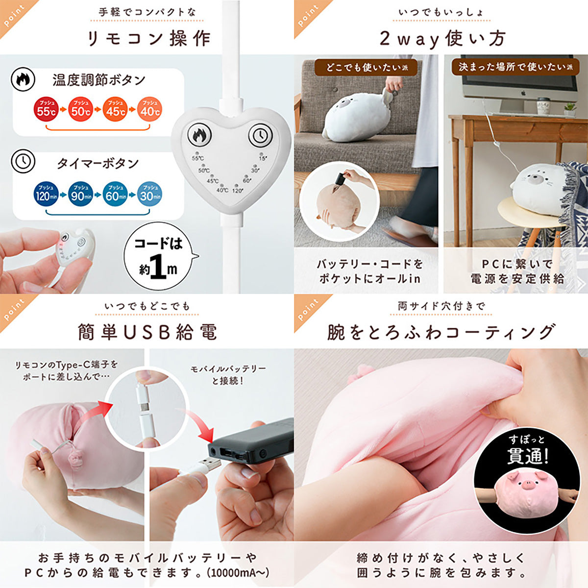 ENETANPO アニマルクッションウォーマー USB ヒーター 4段階温度／4段階タイマー リモコン付 ぶた