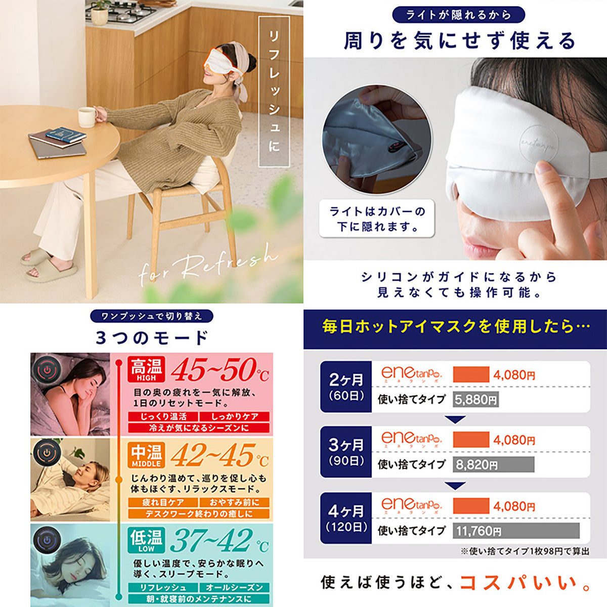 ENETANPO シルク グラフェン アイマスク USB加熱式 3段階温度 30分自動オフ 洗えるカバー 軽量 パールピンク