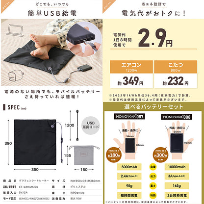ENETANPO USB シートヒーター 超薄型 2mm 軽量 約90g 3段階温度 タイマー付 マグネット着脱 専用ケース付 カーキ