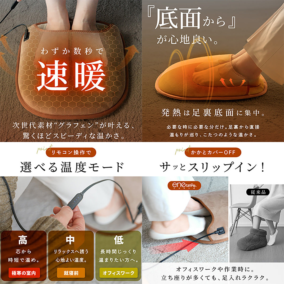ENETANPO フットウォーマー グラフェン発熱 3段階温度 USB給電 かかとカバー付 グレー