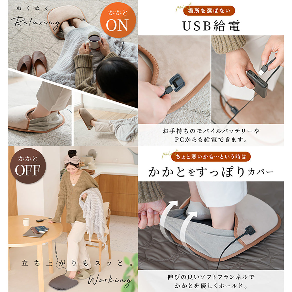 ENETANPO フットウォーマー グラフェン発熱 3段階温度 USB給電 かかとカバー付 ブラウン