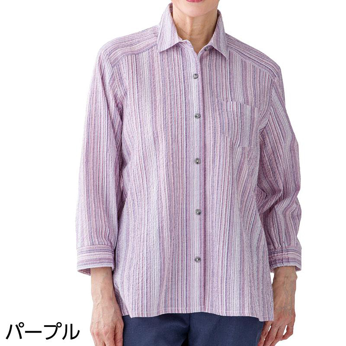 7分袖スナップ釦ブラウス ブルー M～L/LL