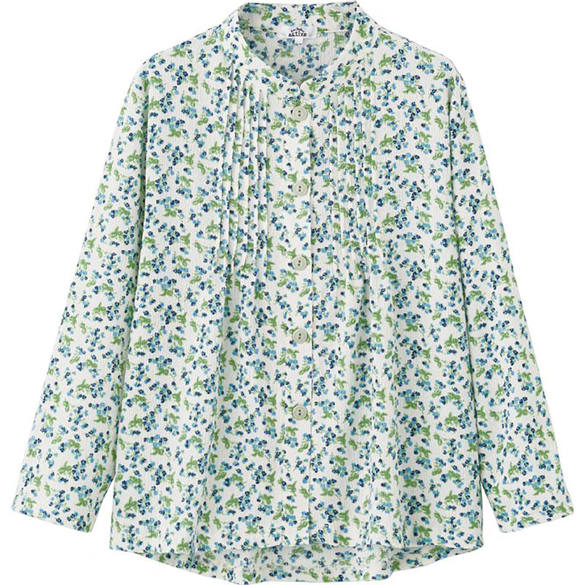 長袖 斜め釦ホールピンタックブラウス ブルー S/M～L/LL/3L
