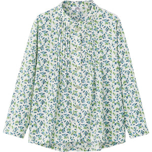 長袖 斜め釦ホールピンタックブラウス ブルー S/M～L/LL/3L