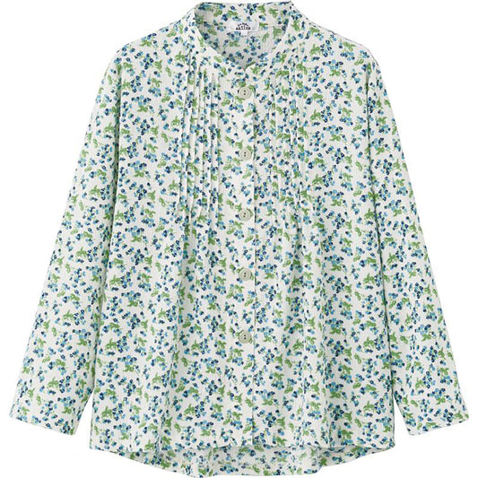 長袖 斜め釦ホールピンタックブラウス ブルー S/M～L/LL/3L