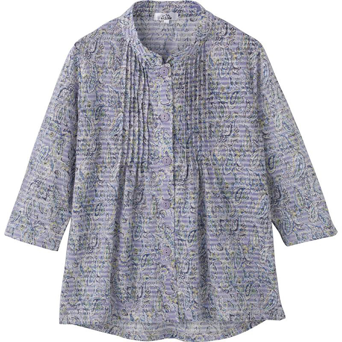 7分袖斜め釦ホールピンタックブラウス ブルー S/M～L/LL/3L