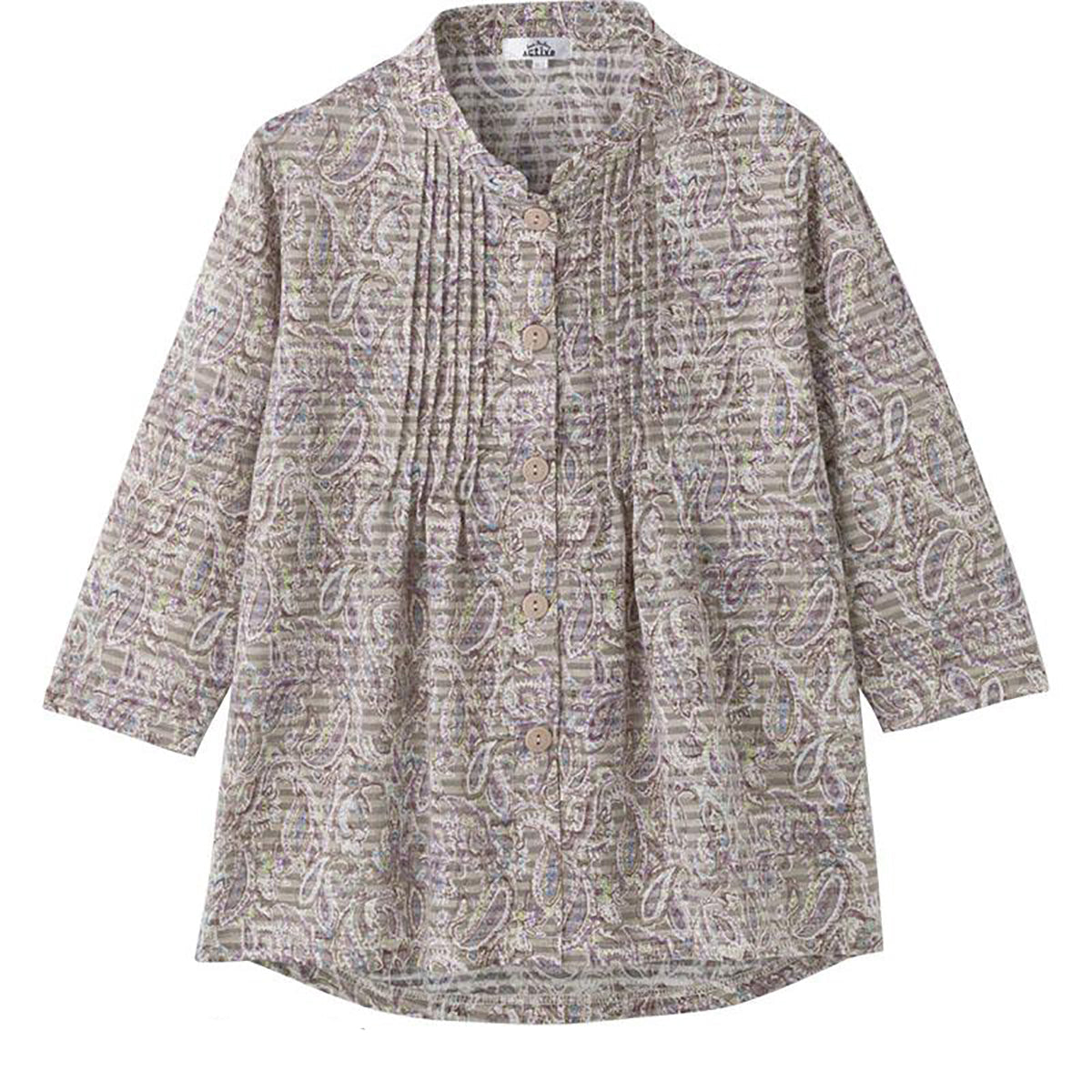 7分袖斜め釦ホールピンタックブラウス グレーパープル S/M～L/LL/3L