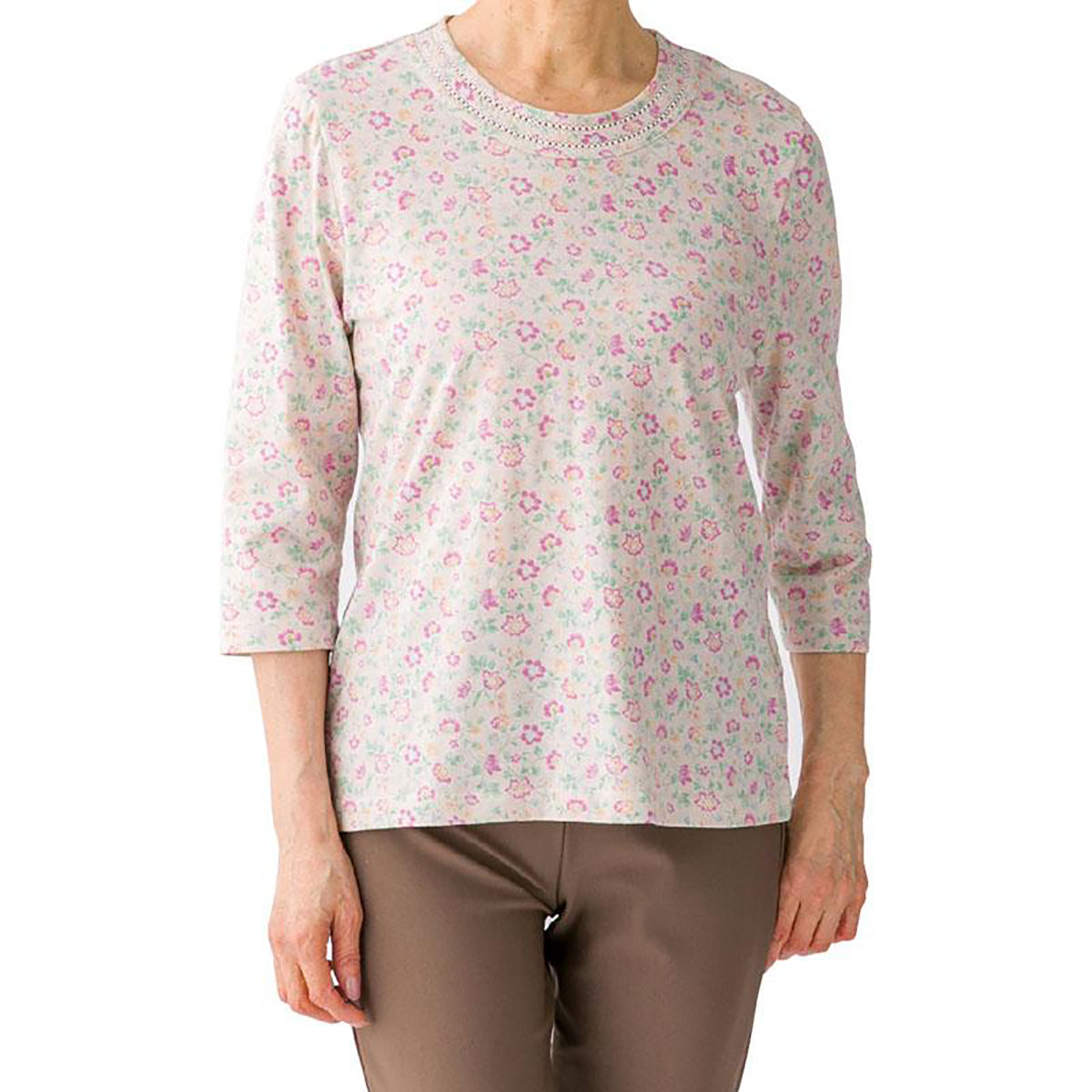 7分袖背中ゆったり着心地Ｔシャツ ピンク Ｍ/L