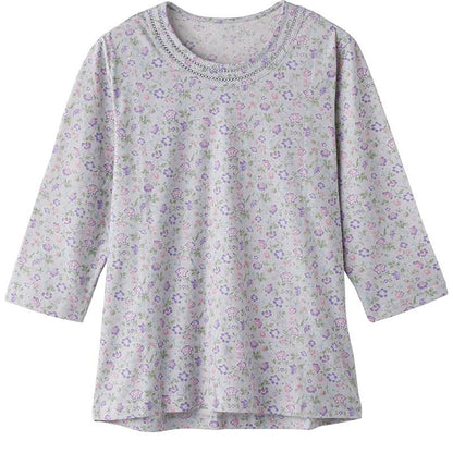 7分袖背中ゆったり着心地Ｔシャツ パープル Ｍ/L