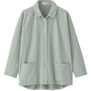 カット衿付マグネット釦カーディガン(指先ストレッチ) グリーン Ｍ～Ｌ