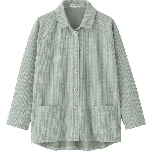 カット衿付マグネット釦カーディガン(指先ストレッチ) グリーン Ｍ～Ｌ
