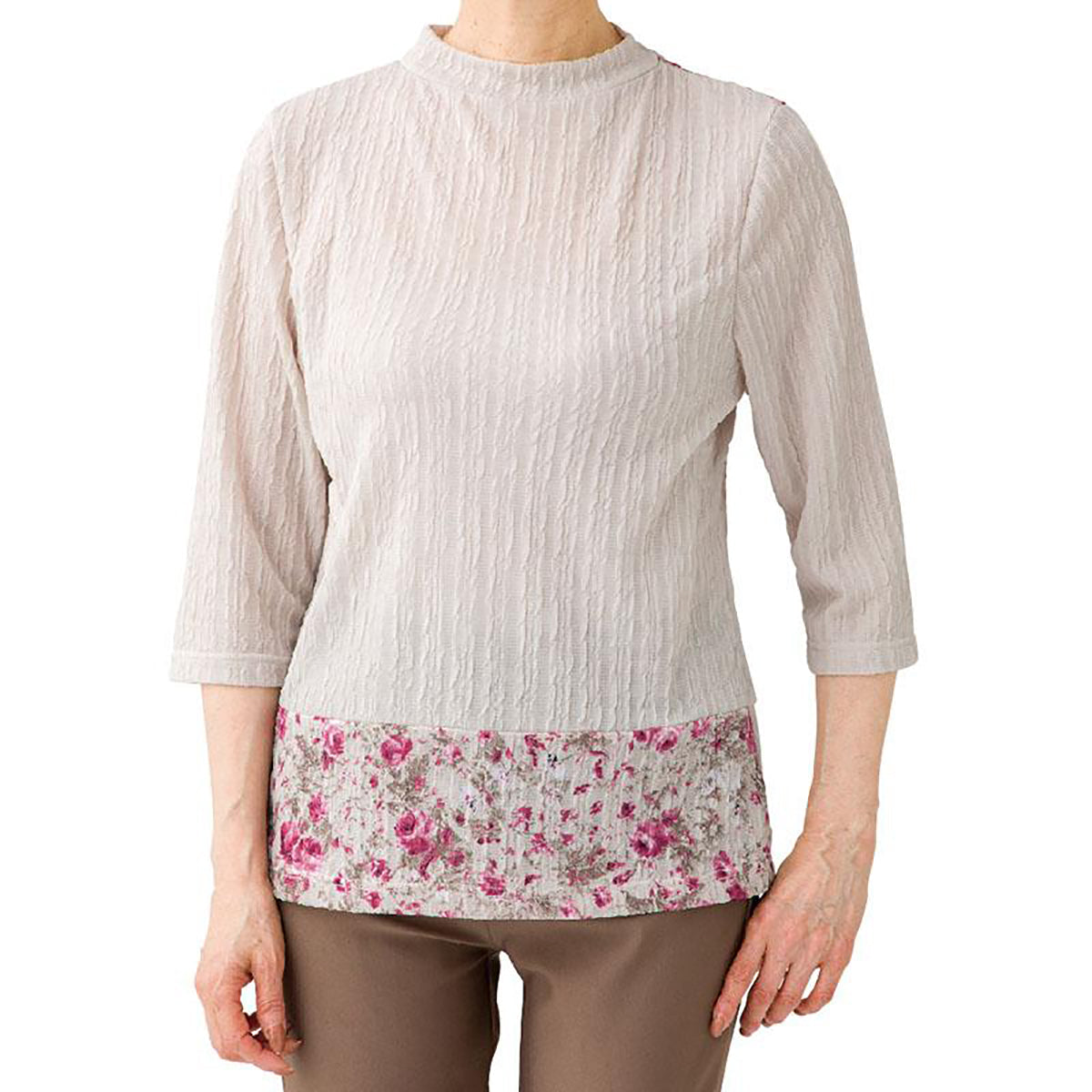 前・後ろ着られる7分袖Ｔシャツ グレージュ M/L/LL