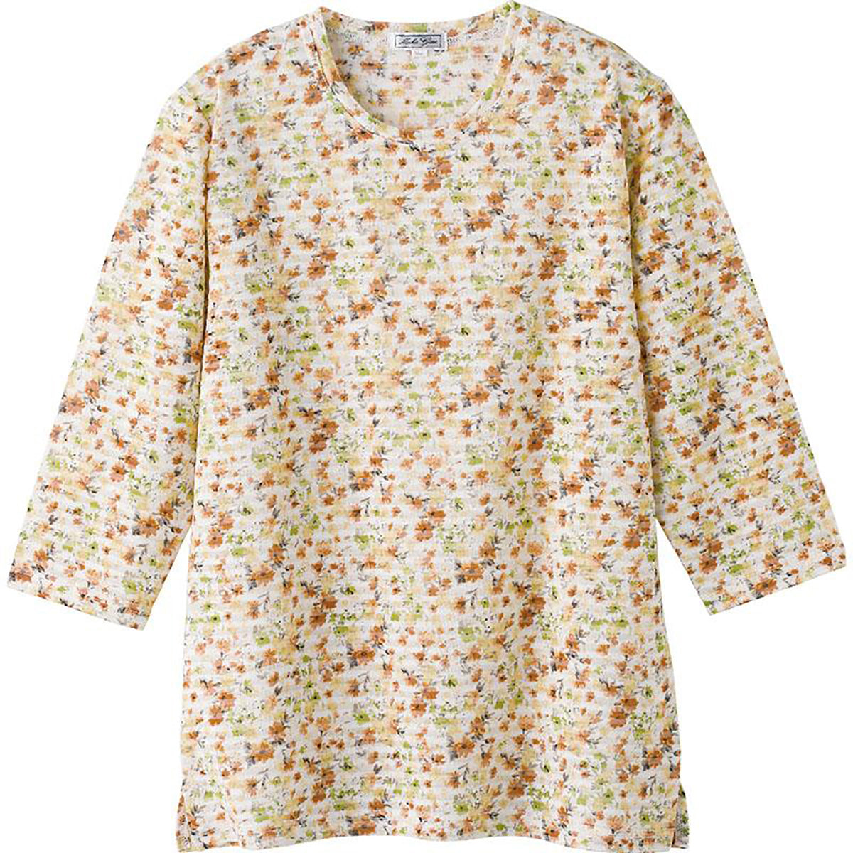 7分袖花柄Ｔシャツ カラシ Ｍ～Ｌ