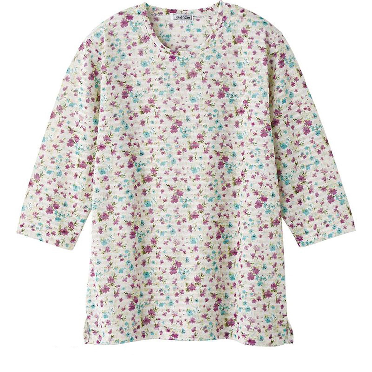 7分袖花柄Ｔシャツ ローズパープル Ｍ～Ｌ