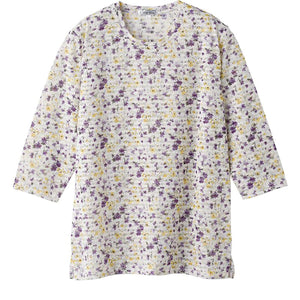 7分袖花柄Ｔシャツ 濃パープル Ｍ～Ｌ