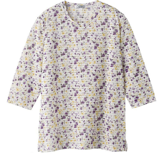 7分袖花柄Ｔシャツ 濃パープル Ｍ～Ｌ