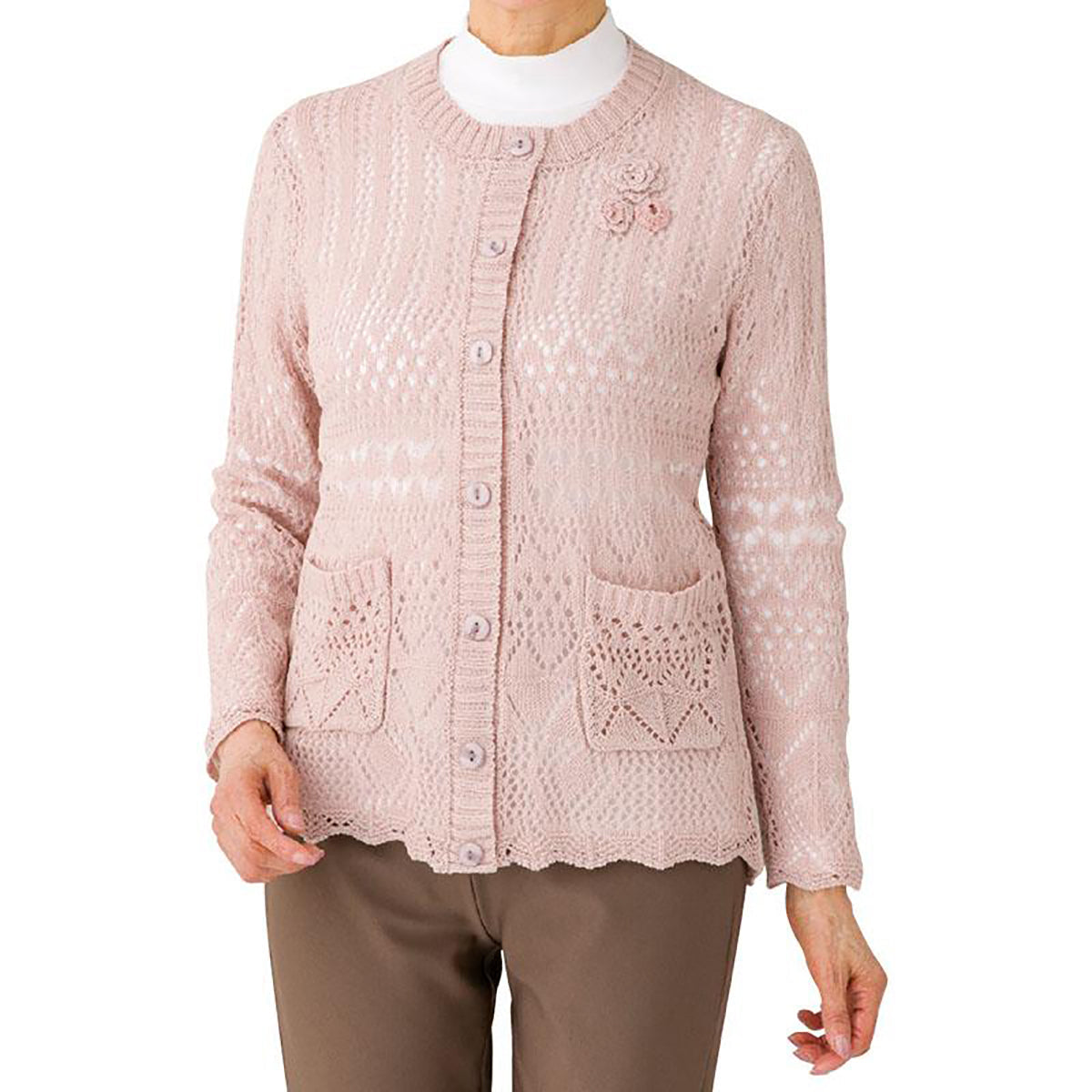 ニットワンタッチテープ丸首カーディ ローズ S/M～L/LL