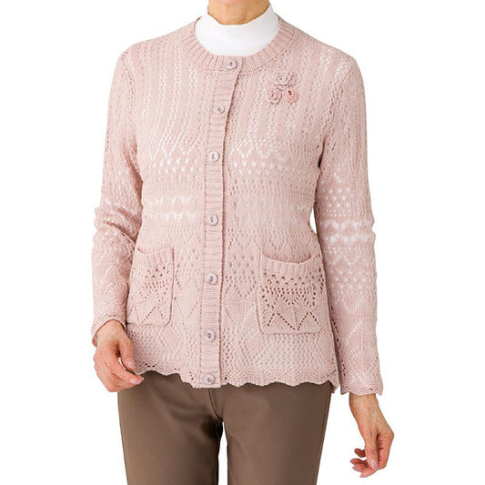 ニットワンタッチテープ丸首カーディ ローズ S/M～L/LL