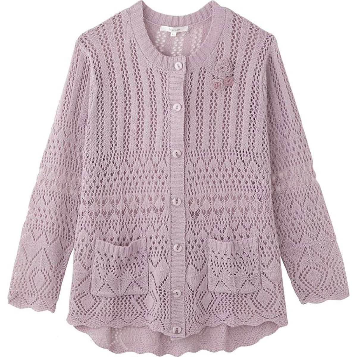 ニットワンタッチテープ丸首カーディ 赤パープル S/M～L/LL