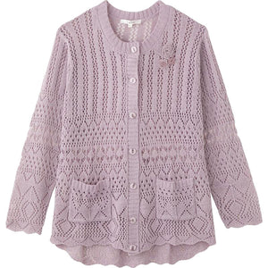 ニットワンタッチテープ丸首カーディ 赤パープル S/M～L/LL