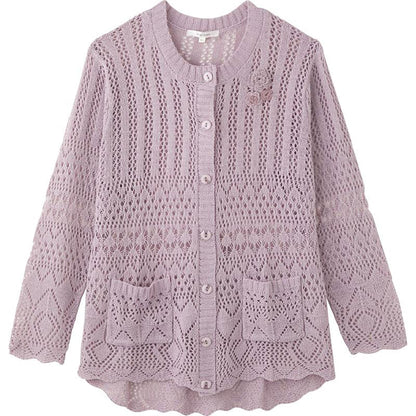 ニットワンタッチテープ丸首カーディ 赤パープル S/M～L/LL