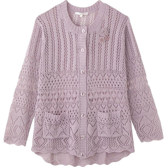 ニットワンタッチテープ丸首カーディ 赤パープル S/M～L/LL