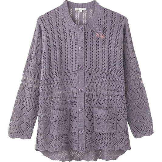 ニットワンタッチテープ丸首カーディ 青パープル S/M～L/LL