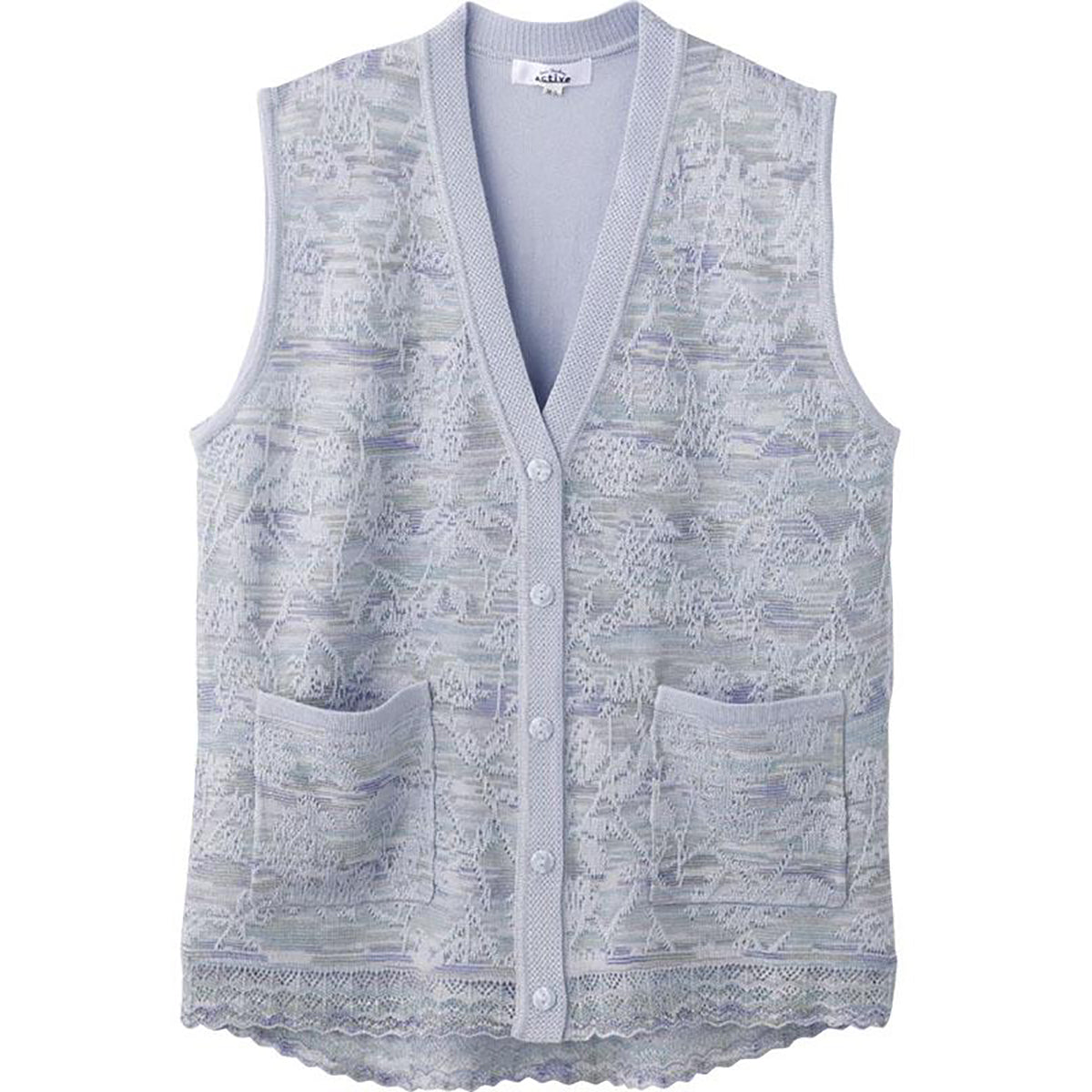 ニット斜め釦ホールＶ首ベスト 青パープル M～L/LL/3L