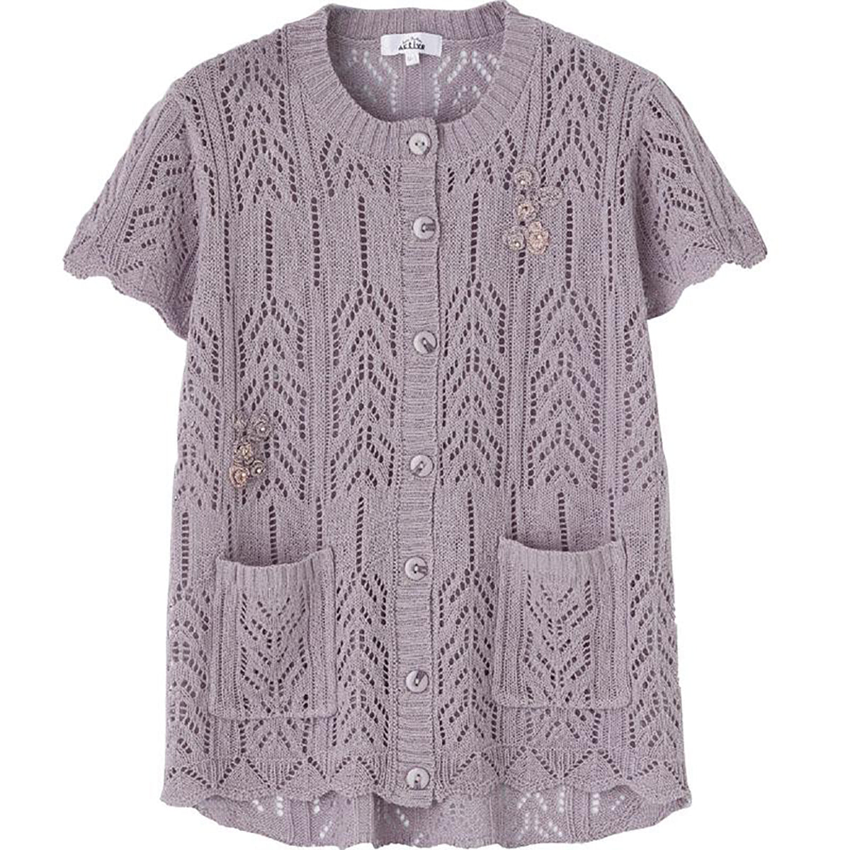 ニット斜め釦ホール丸首ベスト パープル S/M～L/LL