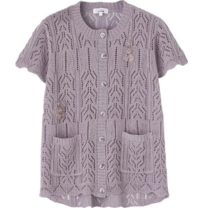 ニット斜め釦ホール丸首ベスト パープル S/M～L/LL