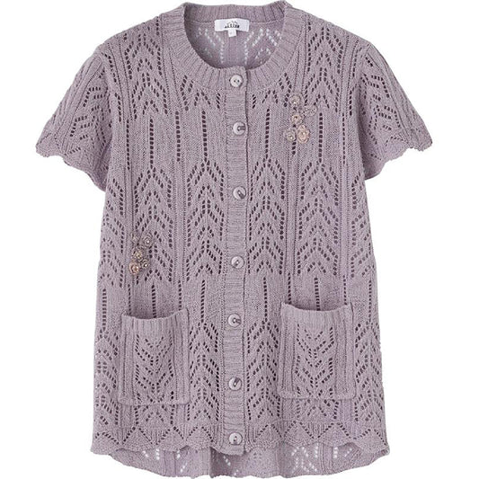 ニット斜め釦ホール丸首ベスト パープル S/M～L/LL