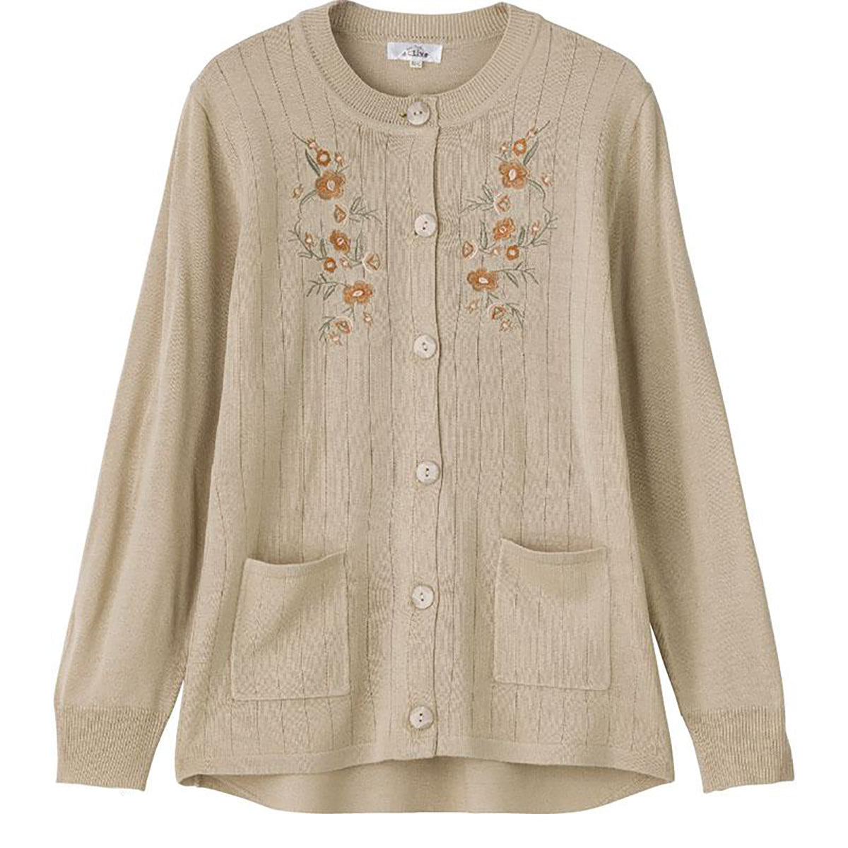 ニット斜め釦ホール丸首カーディ ベージュ S/M～L/LL