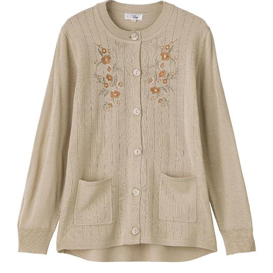 ニット斜め釦ホール丸首カーディ ベージュ S/M～L/LL