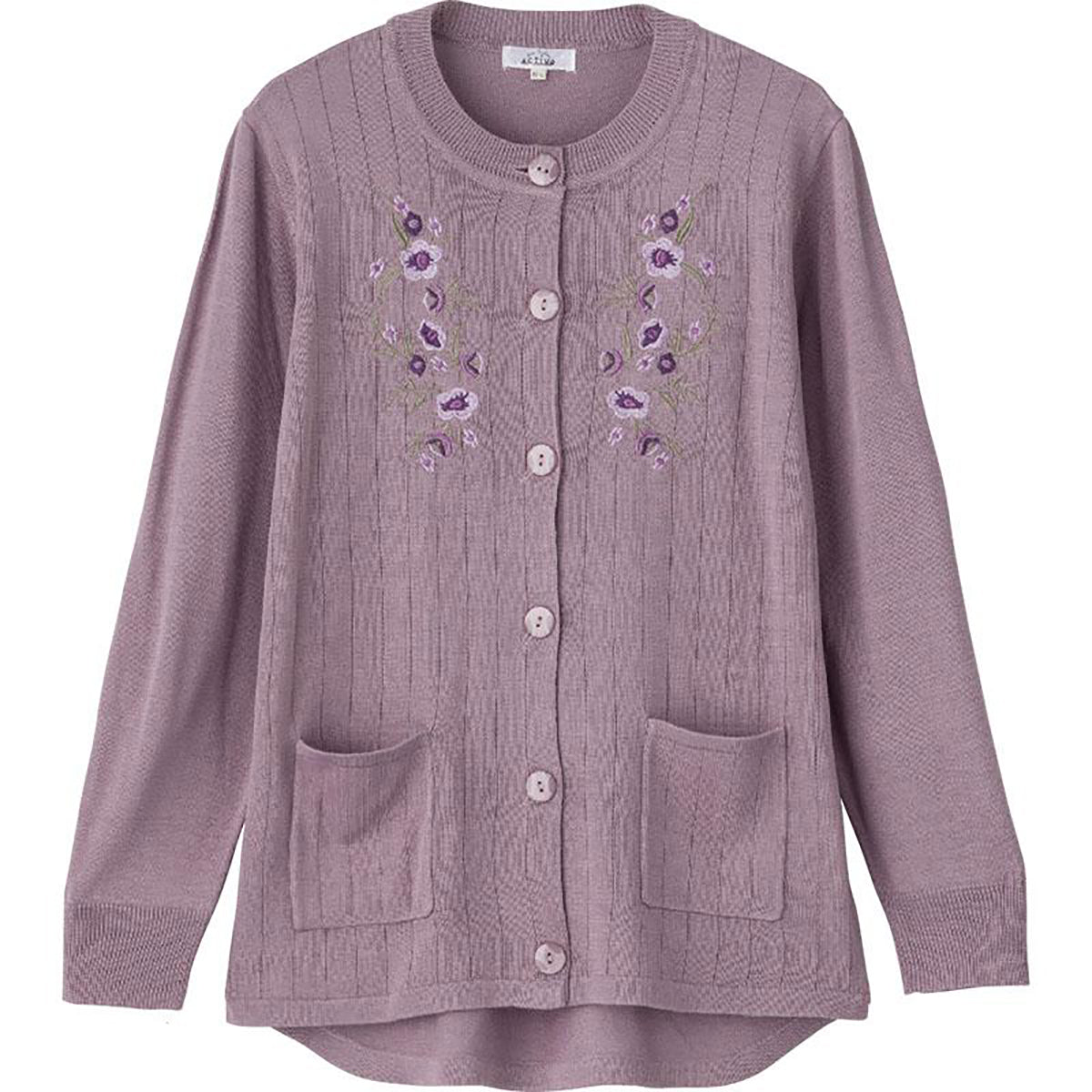 ニット斜め釦ホール丸首カーディ ローズ S/M～L/LL