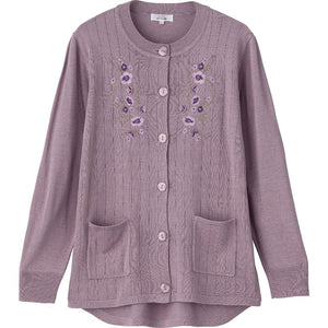 ニット斜め釦ホール丸首カーディ ローズ S/M～L/LL