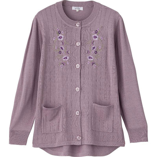 ニット斜め釦ホール丸首カーディ ローズ S/M～L/LL