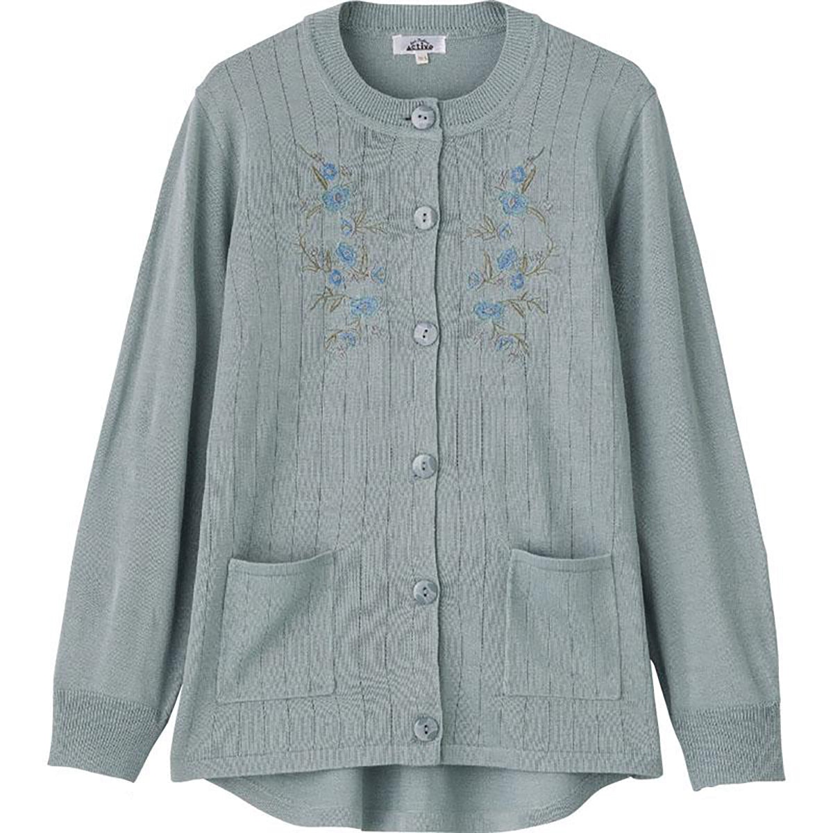 ニット斜め釦ホール丸首カーディ ブルー S/M～L/LL