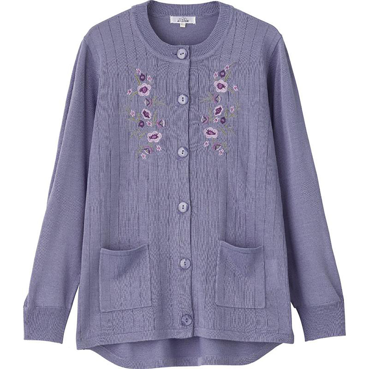 ニット斜め釦ホール丸首カーディ パープル S/M～L/LL