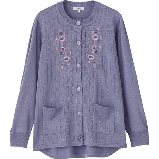 ニット斜め釦ホール丸首カーディ パープル S/M～L/LL