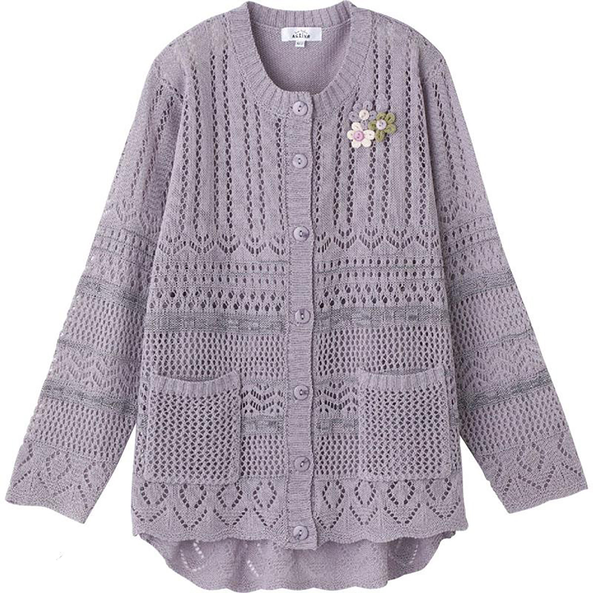 ニット斜め釦ホール丸首カーディ 青パープル M～L/LL/3L