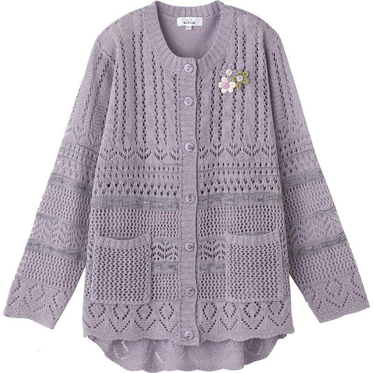 ニット斜め釦ホール丸首カーディ 青パープル M～L/LL/3L