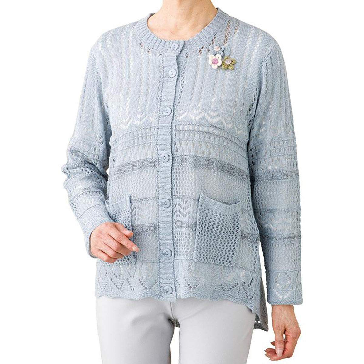 ニット斜め釦ホール丸首カーディ ブルー M～L/LL/3L