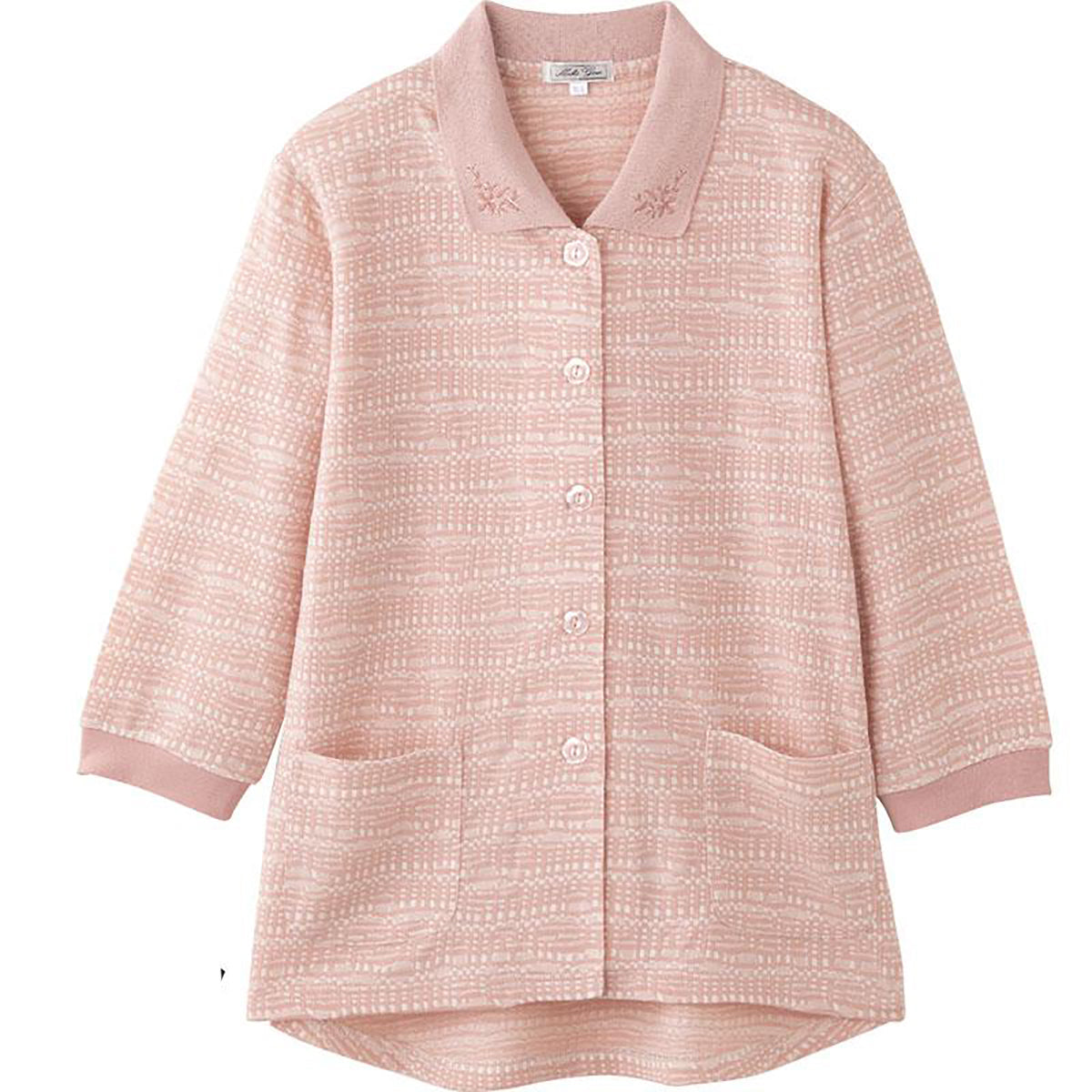 7分袖斜め釦ホールポロカーディ サーモンローズ S/M～L/LL