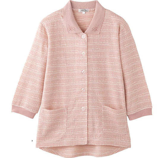 7分袖斜め釦ホールポロカーディ サーモンローズ S/M～L/LL