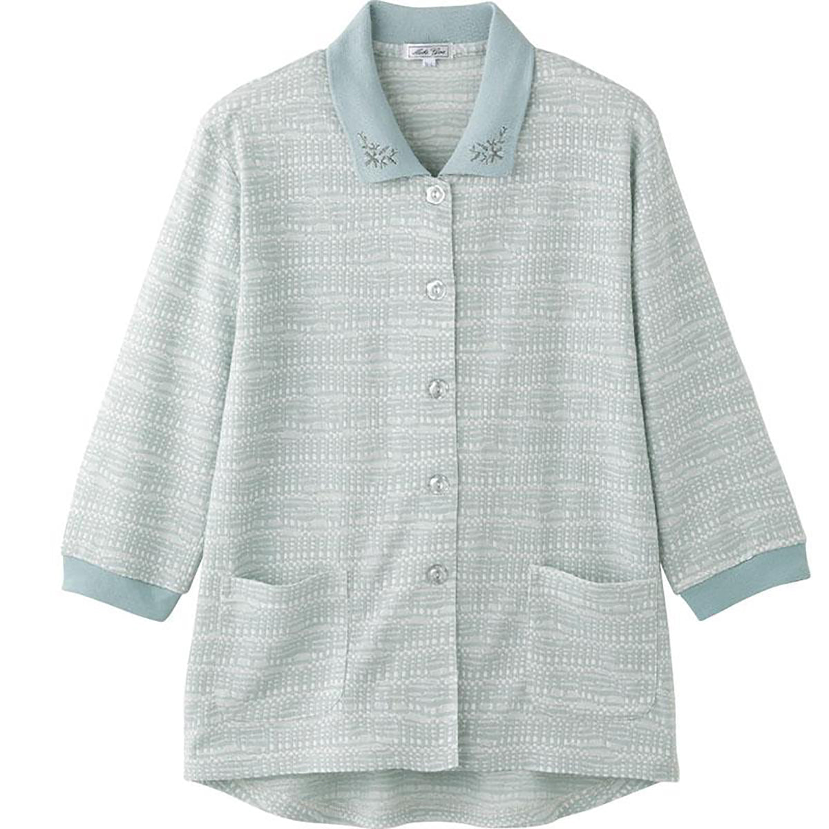 7分袖斜め釦ホールポロカーディ グリーン S/M～L/LL